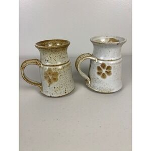 Signed Studio Art Pottery Mugs Speckled Floral Stoneware Rustic Brown Set of 2
